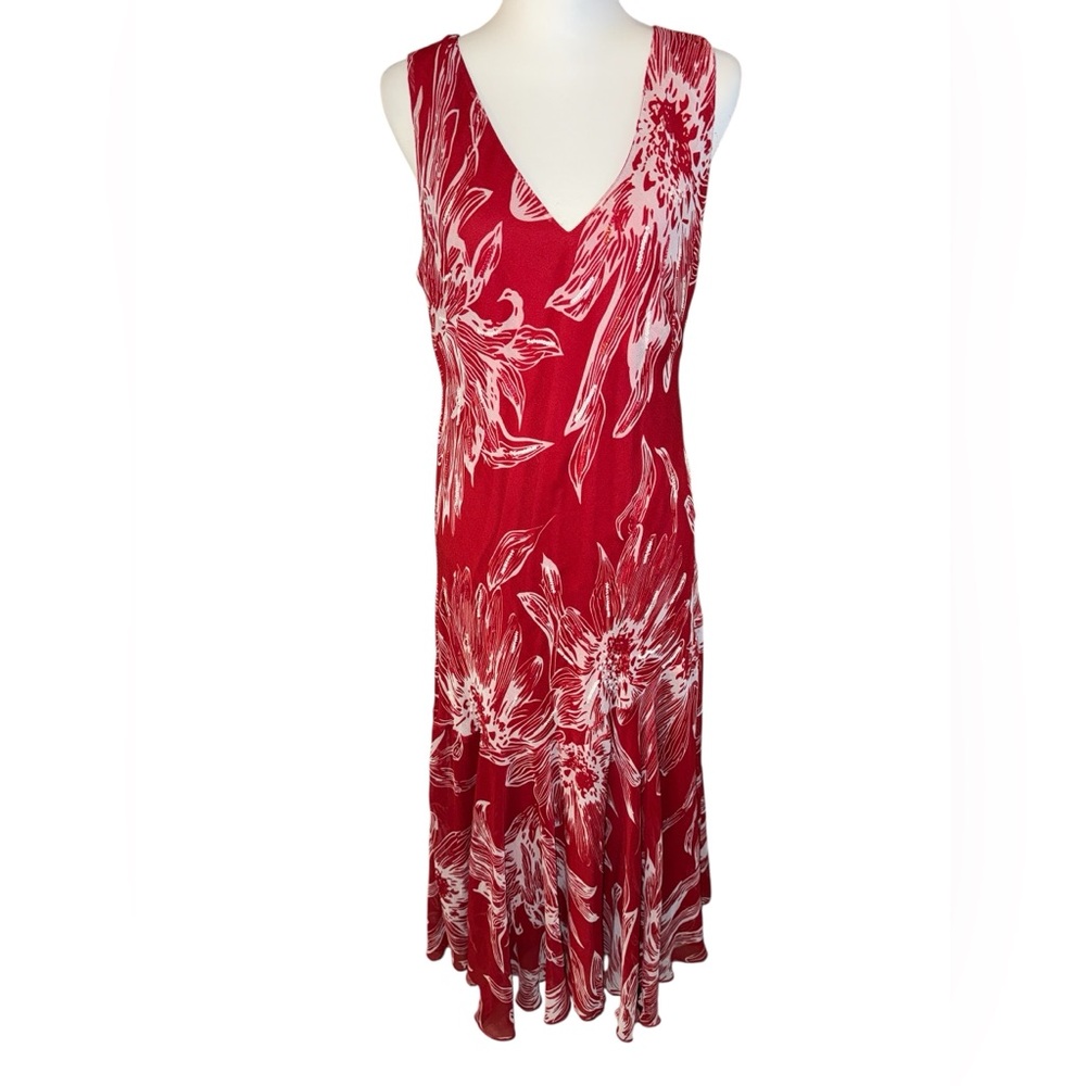 Midnight Velvet Red with White Abstract Sequined Floral Flowy Dress Sz Large